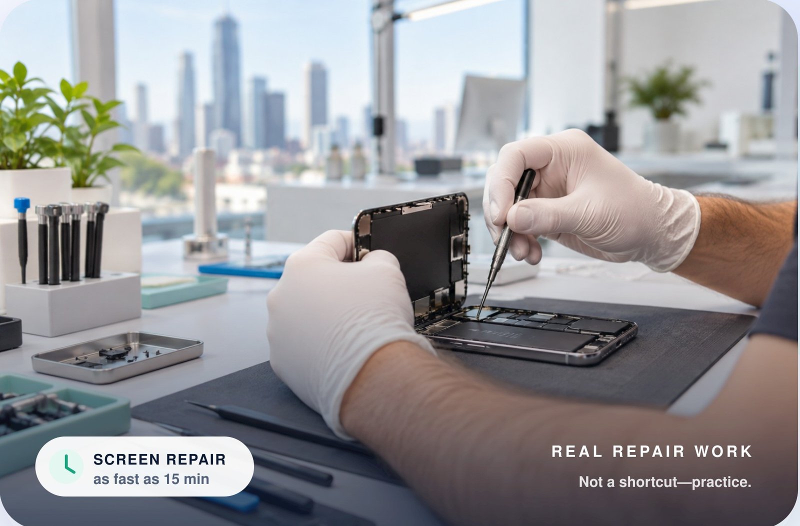 FIXSTORY technician replacing an iPhone screen at the Downtown LA workbench — screen repair as fast as 15 minutes