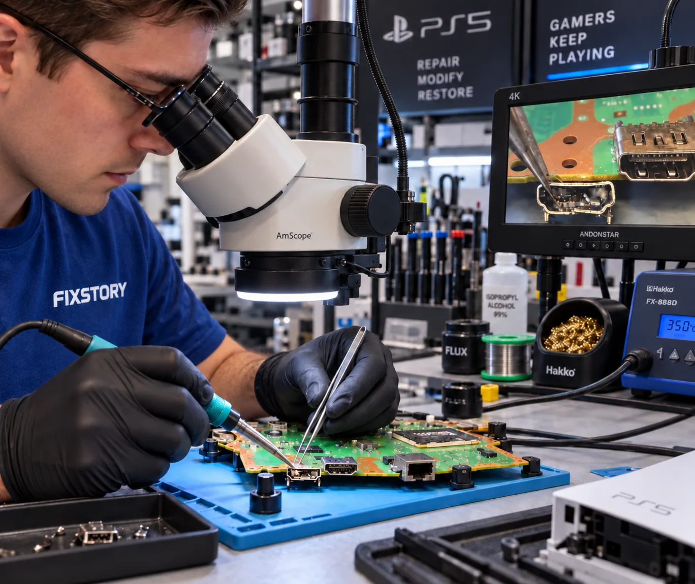 FIXSTORY technician micro-soldering a new HDMI port on a PS5 motherboard under a microscope in Los Angeles