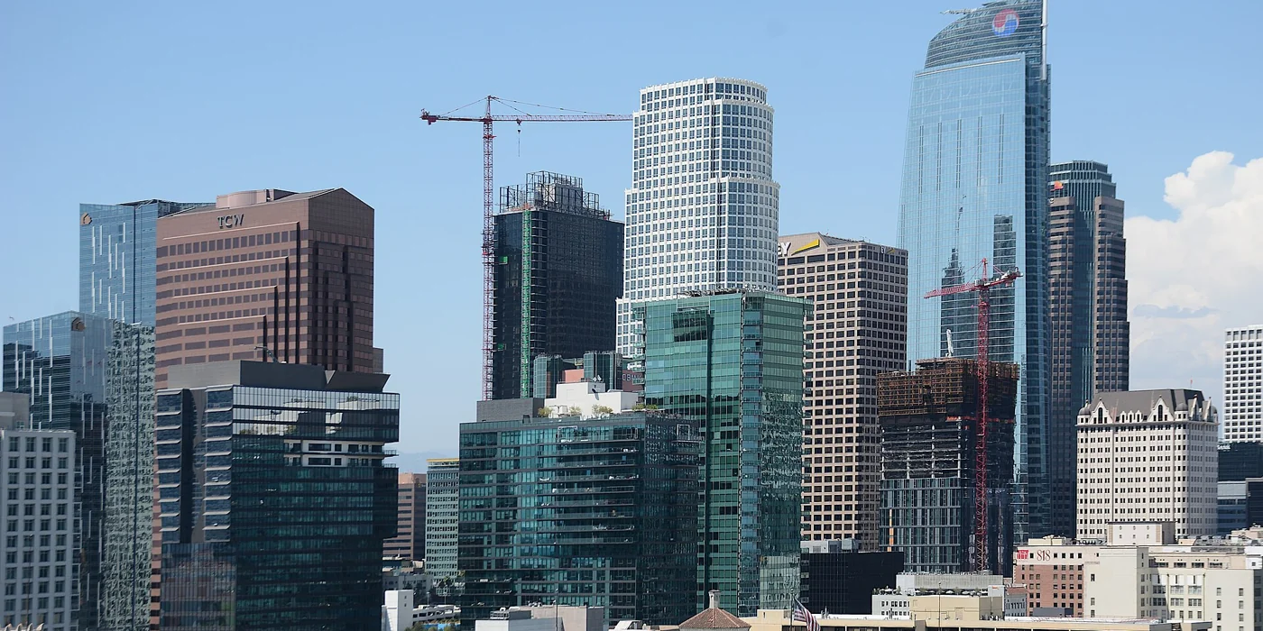 Downtown Los Angeles skyline near FixStory on S Flower St
