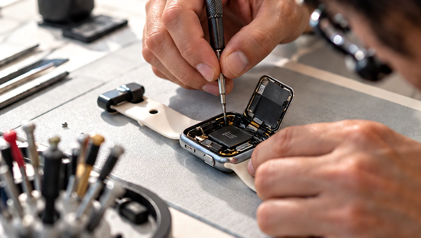 FIXSTORY technician replacing an Apple Watch battery and screen at our Downtown Los Angeles repair bench
