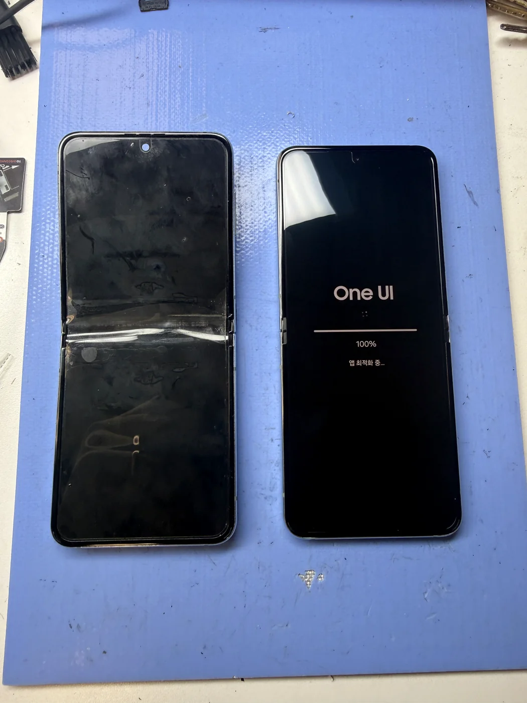 New Galaxy Z Flip screen installed and booting up after replacement at FIXSTORY Downtown LA