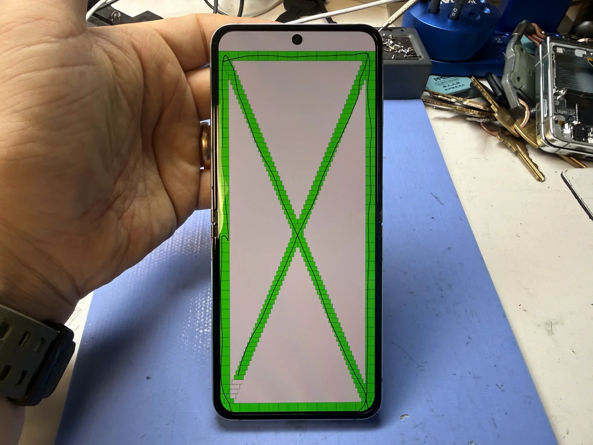 Full touchscreen grid test on a Galaxy Z Flip after screen replacement at FIXSTORY DTLA