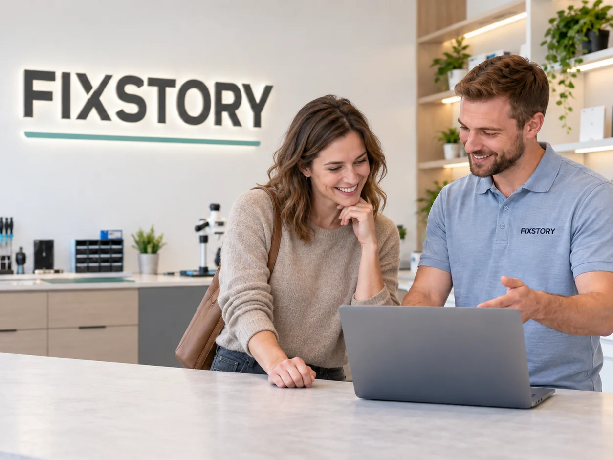 FIXSTORY technician helping a customer at the counter of our Downtown Los Angeles phone repair shop