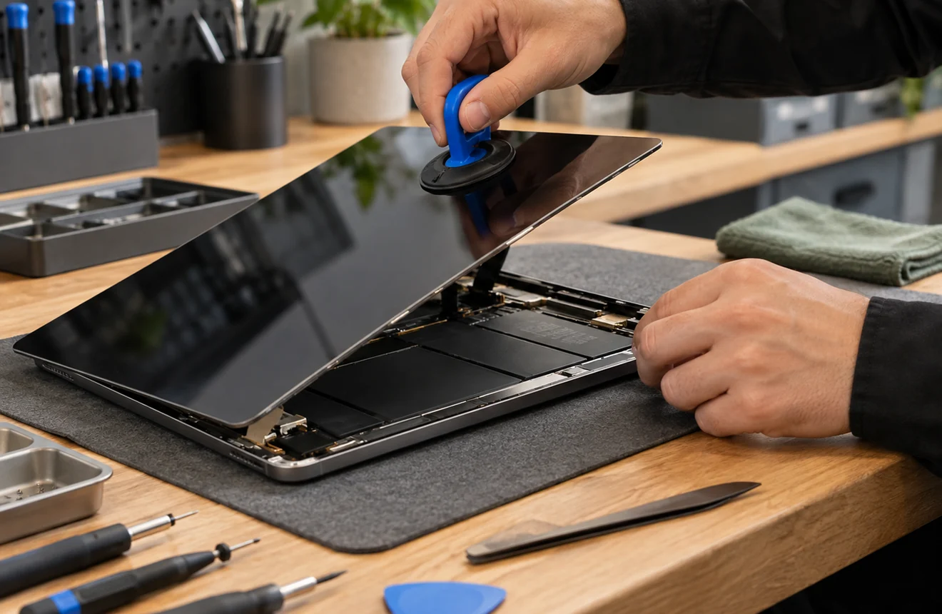 FIXSTORY technician replacing an iPad screen at our Downtown Los Angeles repair bench