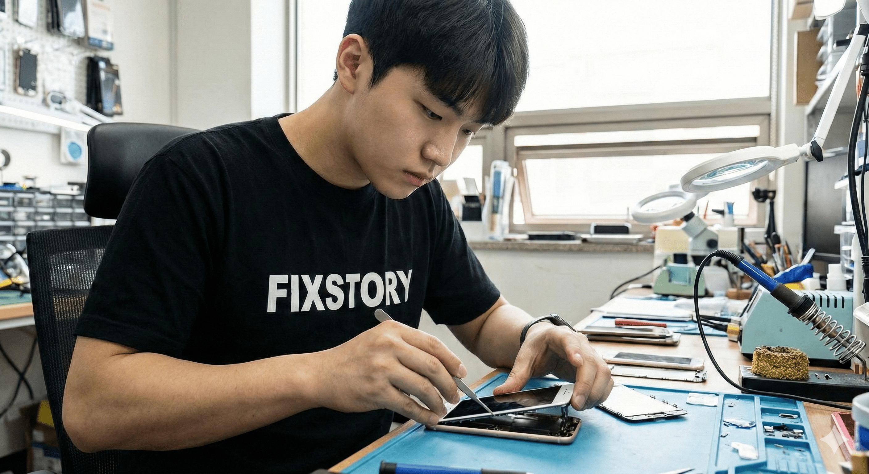 Student learning iPhone repair microsoldering at FixStory Academy