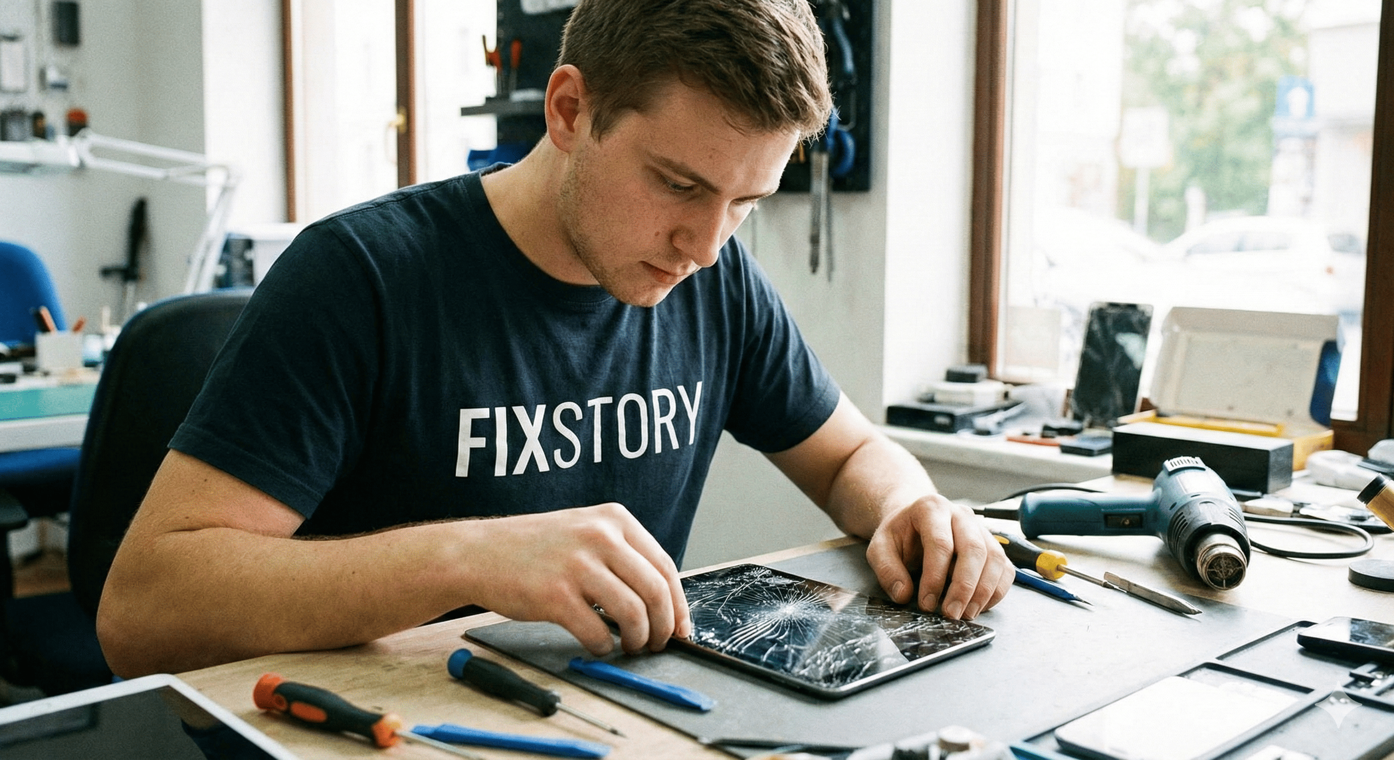 Student learning iPad and tablet repair at FixStory Academy