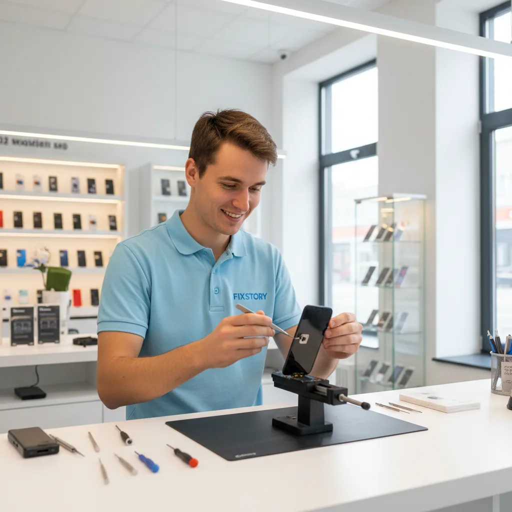 A FIXSTORY technician at a well-lit, organized workbench, meticulously transferring the small earpiece speaker assembly from a cracked iPhone screen to a new replacement screen.