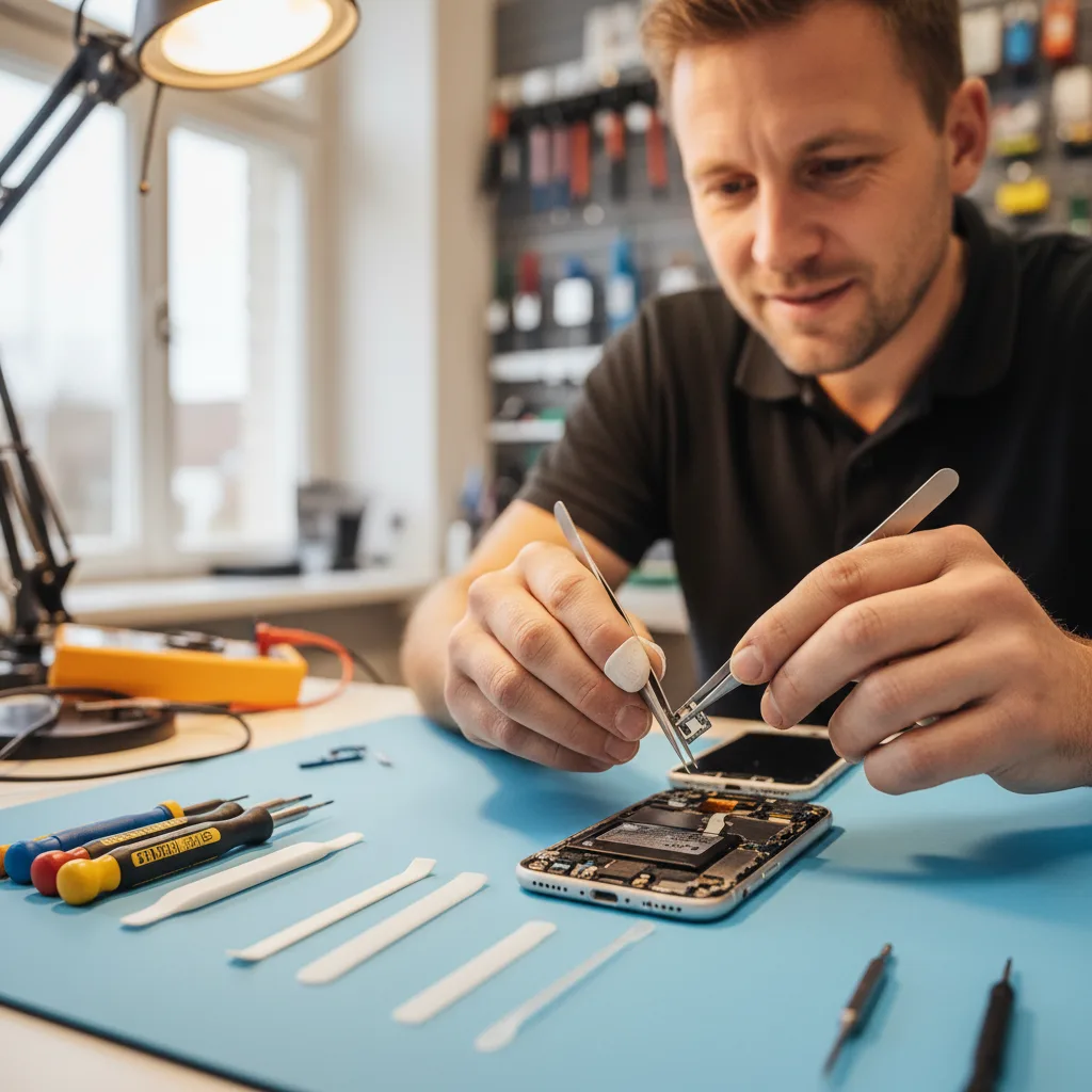 Technician's hands using professional-grade ESD-safe tweezers to carefully lift and transfer the front sensor assembly to a new iPhone screen