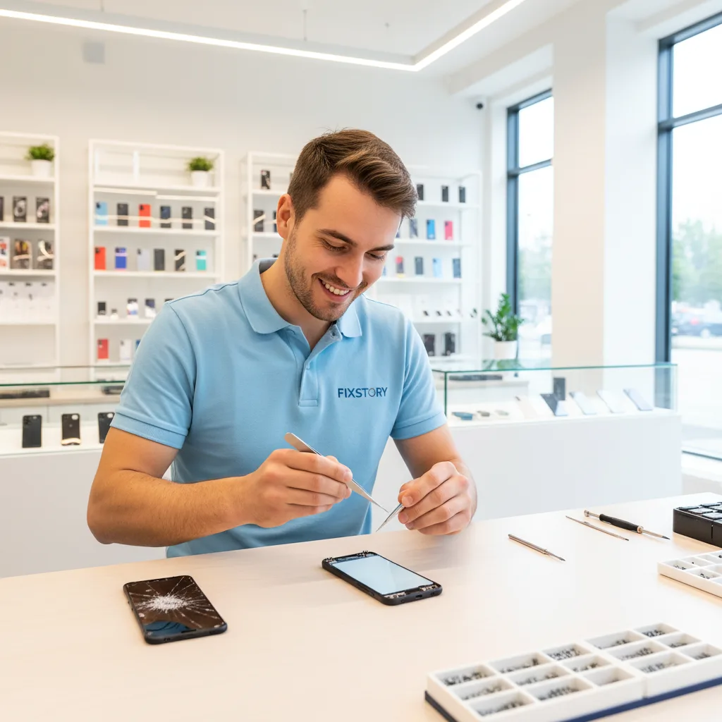 A beautifully repaired phone screen next to the old, cracked screen on a workbench