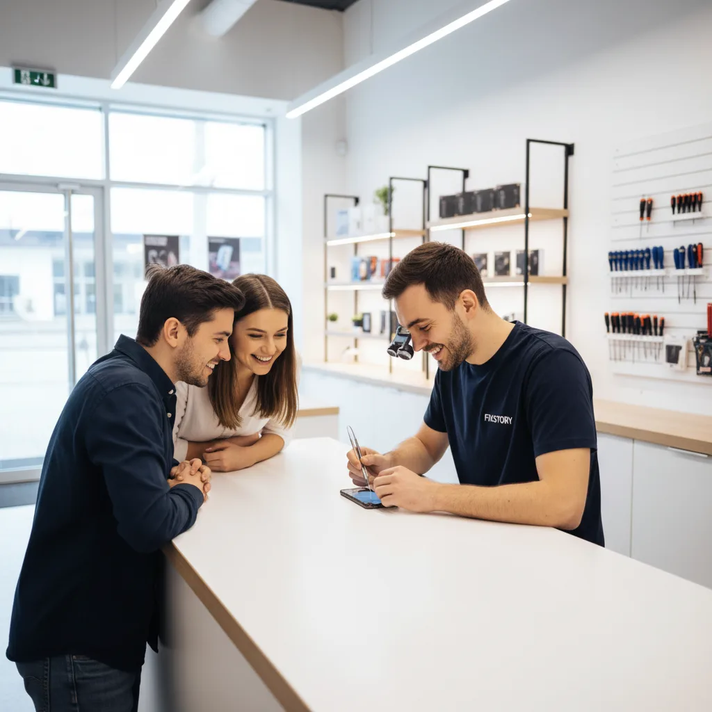 technician in a clean, well-lit workshop in DTLA using precision tools on an iPhone