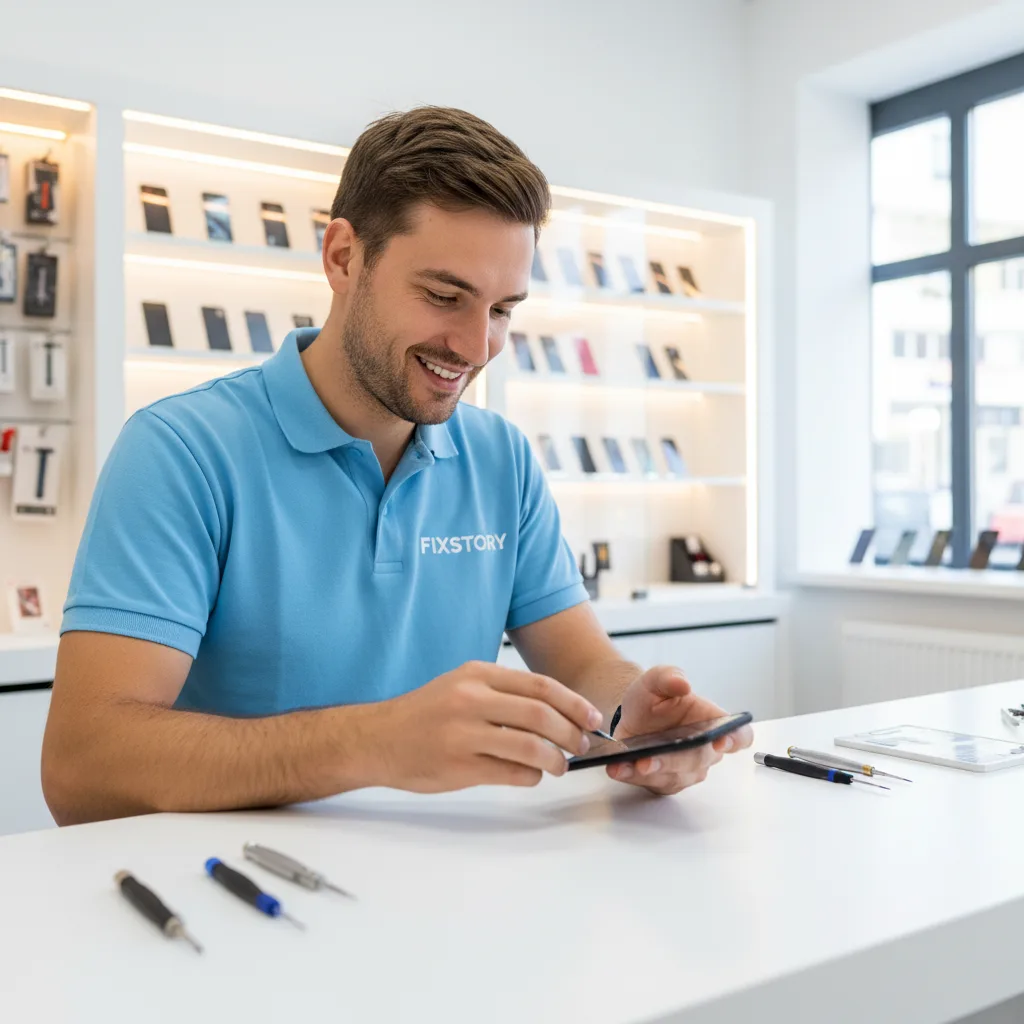 A technician's hands carefully testing the touch response on a newly replaced phone screen.