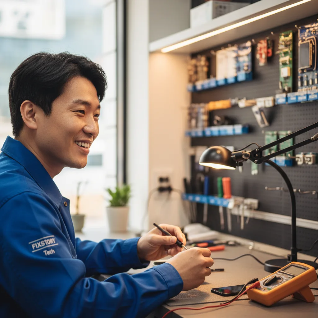 A clean and modern repair shop interior with a smiling technician behind the counter.