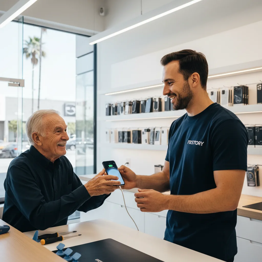 Technician at a clean workbench in Downtown LA completing a phone repair and testing the charging function