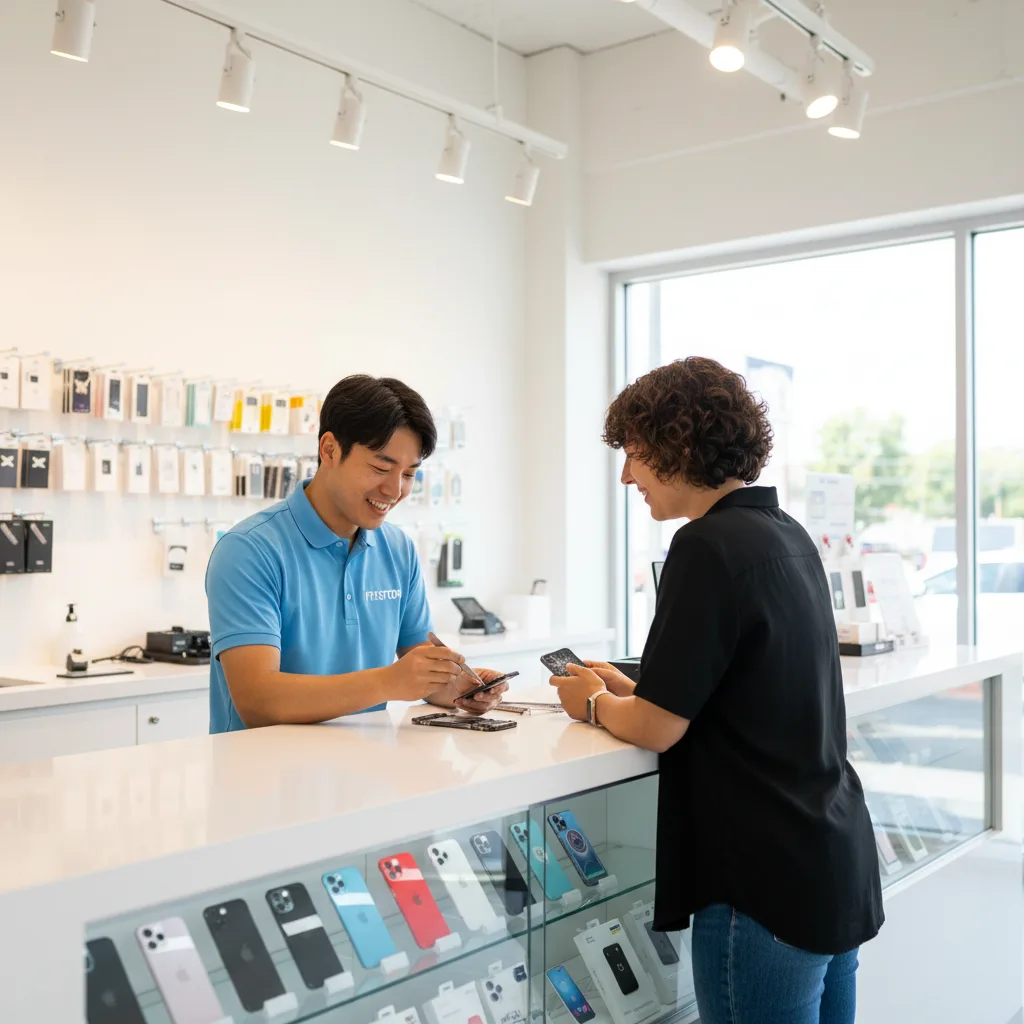 A friendly FIXSTORY technician in the DTLA shop talking to a customer and explaining the repair process over the counter.