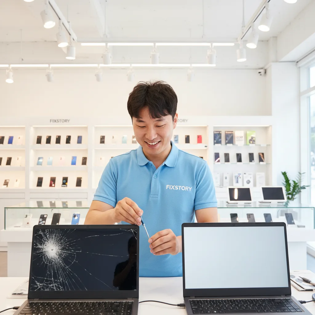 A side-by-side comparison shot showing a cracked MacBook screen and a perfectly repaired one.