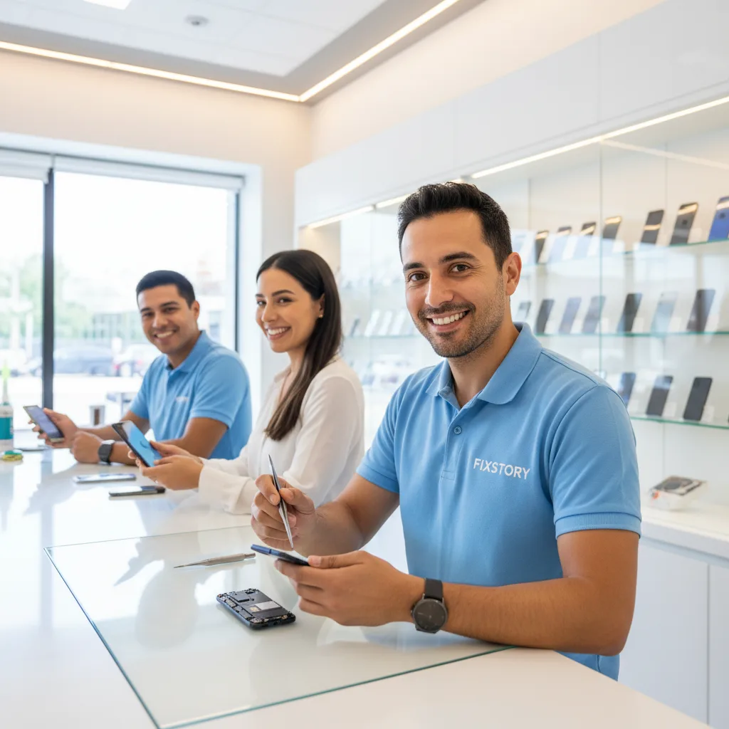 A smiling customer receiving their repaired Samsung phone over the counter from a friendly FIXSTORY technician.