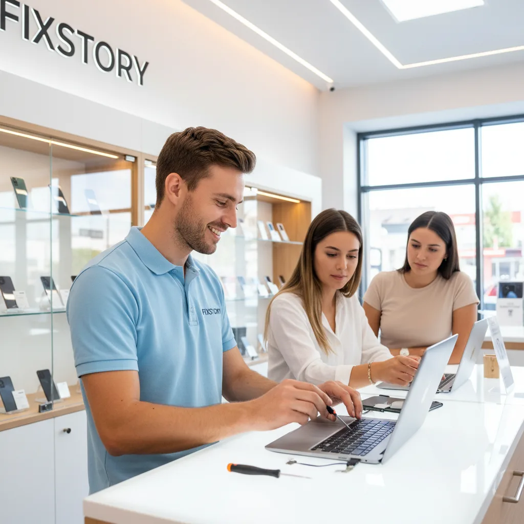 A FIXSTORY technician in the DTLA shop pointing to the damage on a MacBook screen during a free diagnosis with a customer.