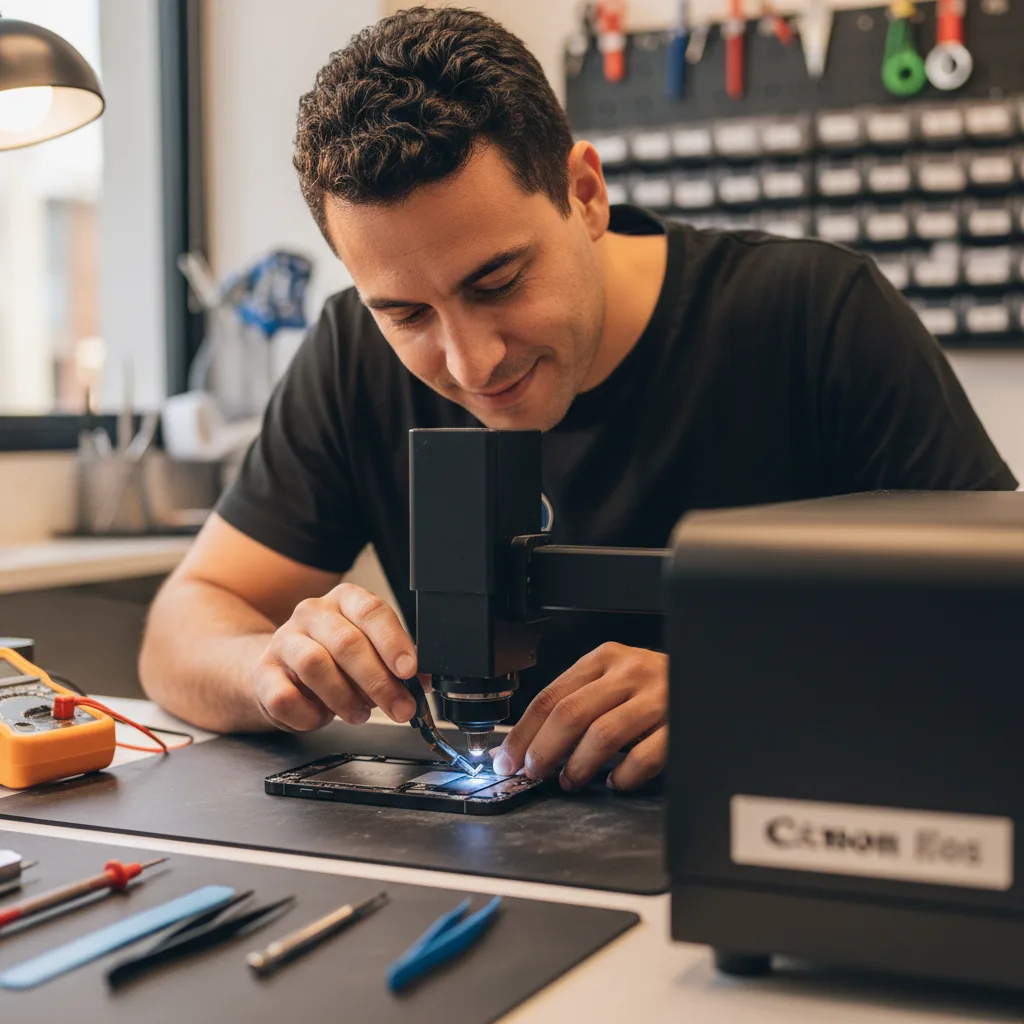 Close-up of a high-precision laser machine carefully burning away the adhesive on the back of an iPhone 16 Pro.
