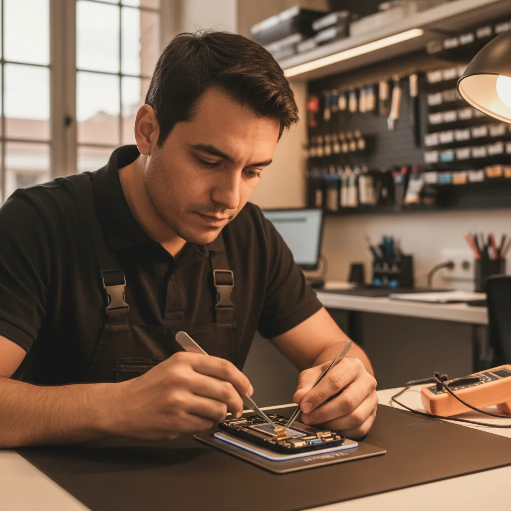 Technician performing a final quality check on a repaired iPhone, testing the wireless charging functionality.
