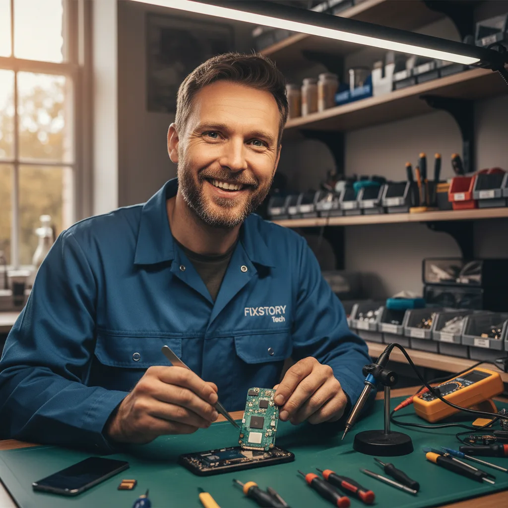A technician's workbench showing a disassembled phone with visible corrosion on the motherboard