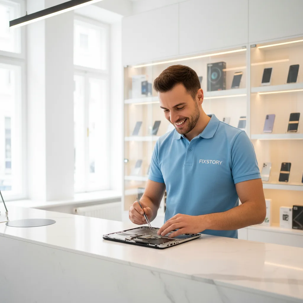 Close-up of a technician's hands carefully fitting a new screen assembly onto a MacBook in a well-lit workshop.