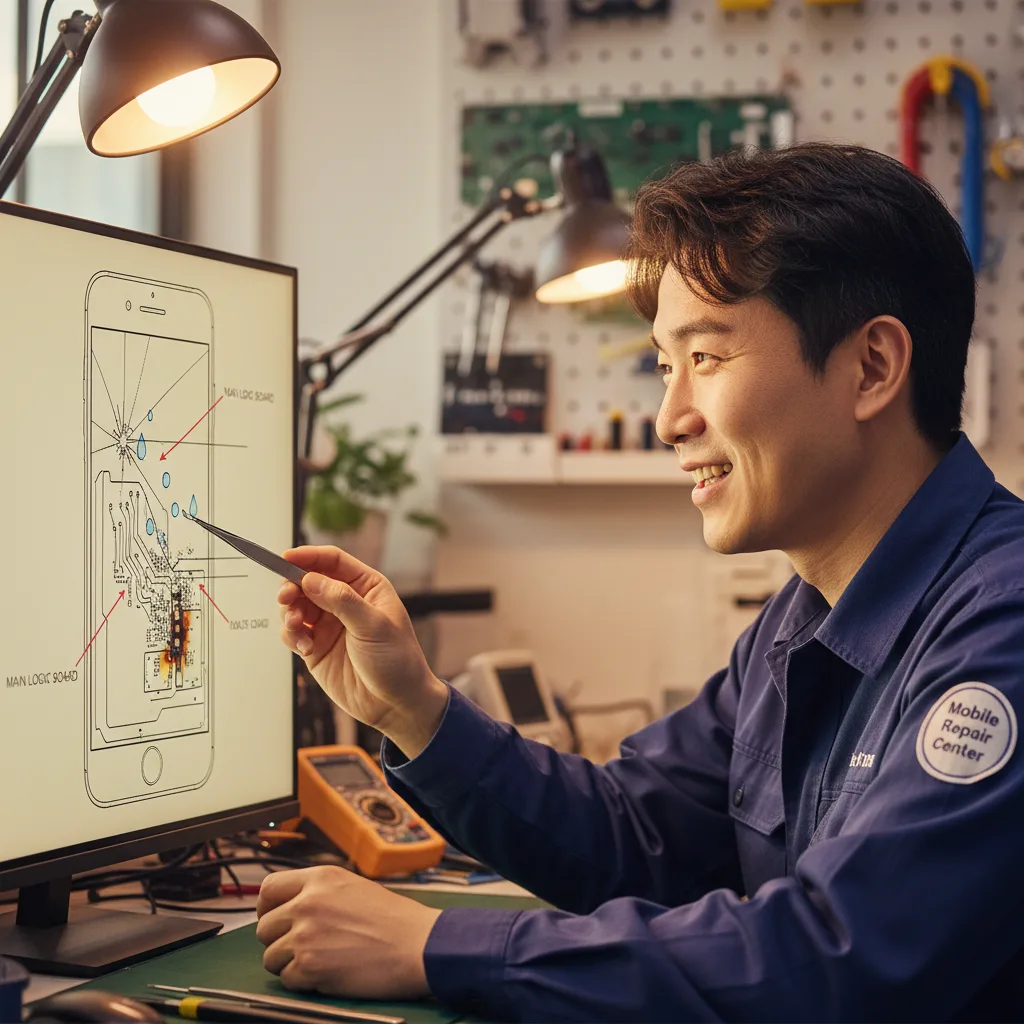 A diagram showing how a small crack on a phone screen can allow dust and water to seep in and damage the internal motherboard