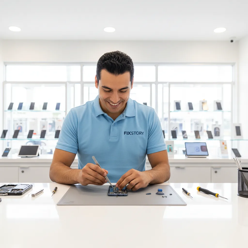 A FIXSTORY technician expertly working on a disassembled Samsung phone at a clean repair bench.
