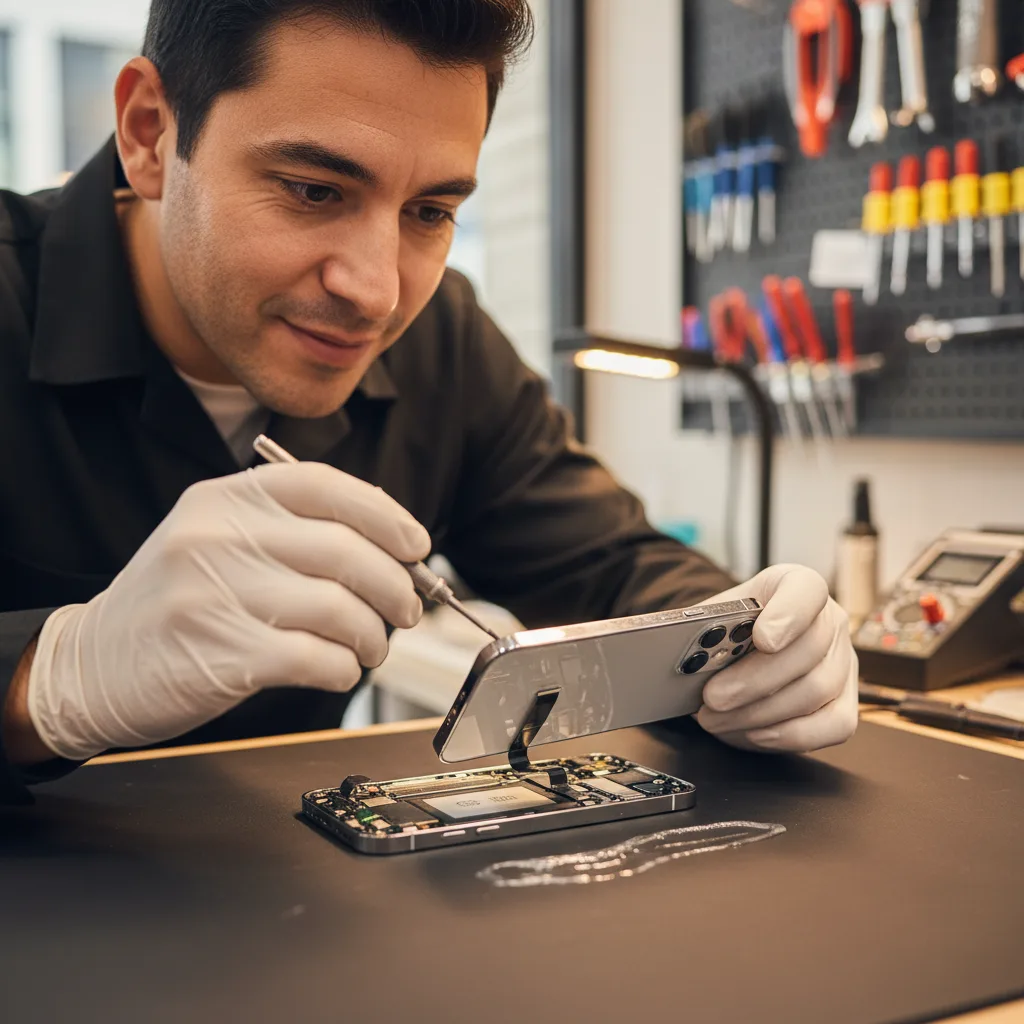 Technician's hands in anti-static gloves carefully placing a new back glass panel onto an iPhone 17 frame with fresh adhesive.