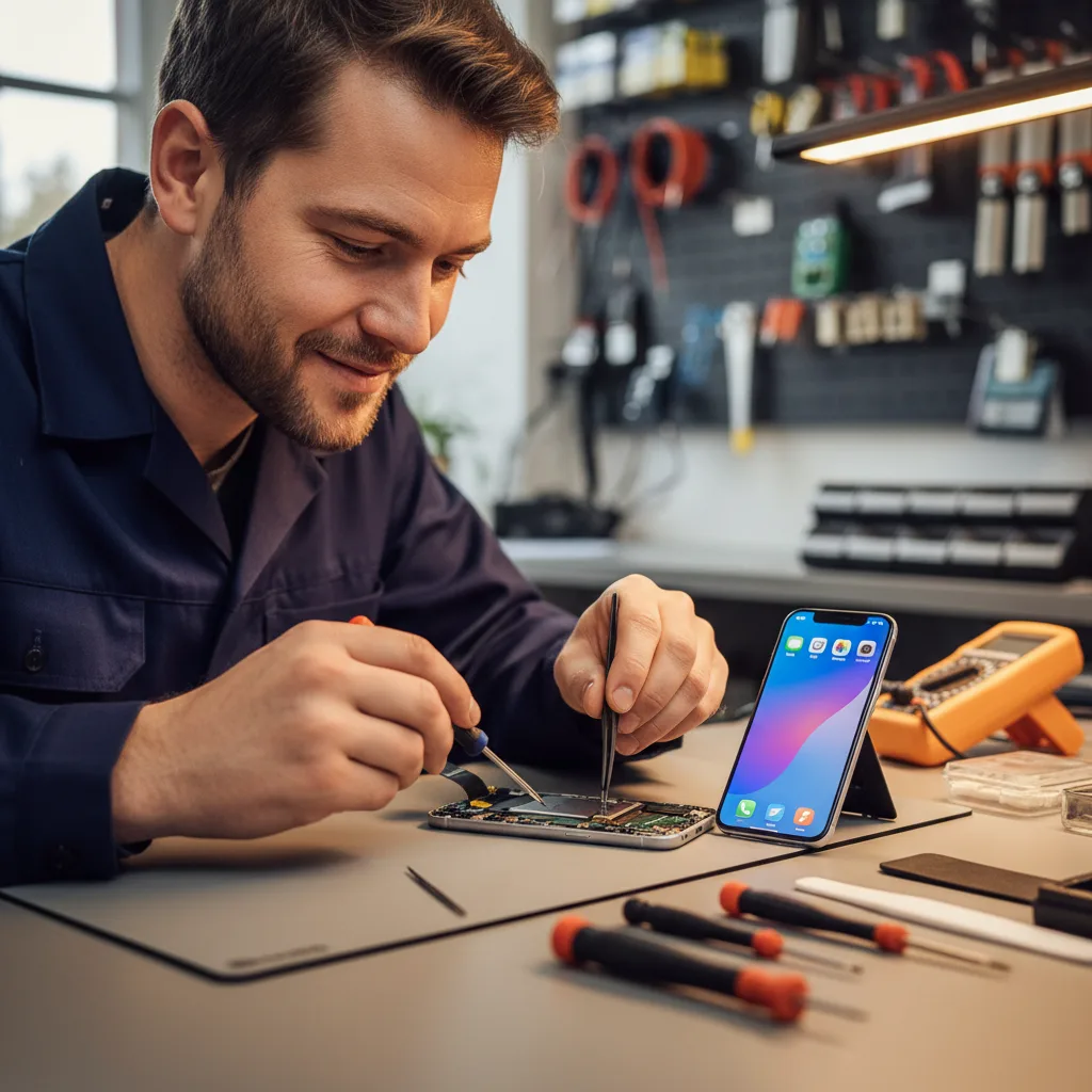 A perfectly repaired iPhone 17 Pro screen displaying a vibrant home screen, sitting on a clean technician's workbench