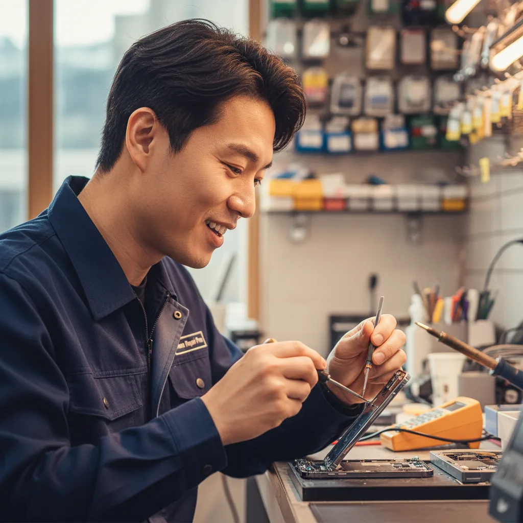 Technician in a professional workshop using specialized tools to replace an iPhone 15 Pro screen.