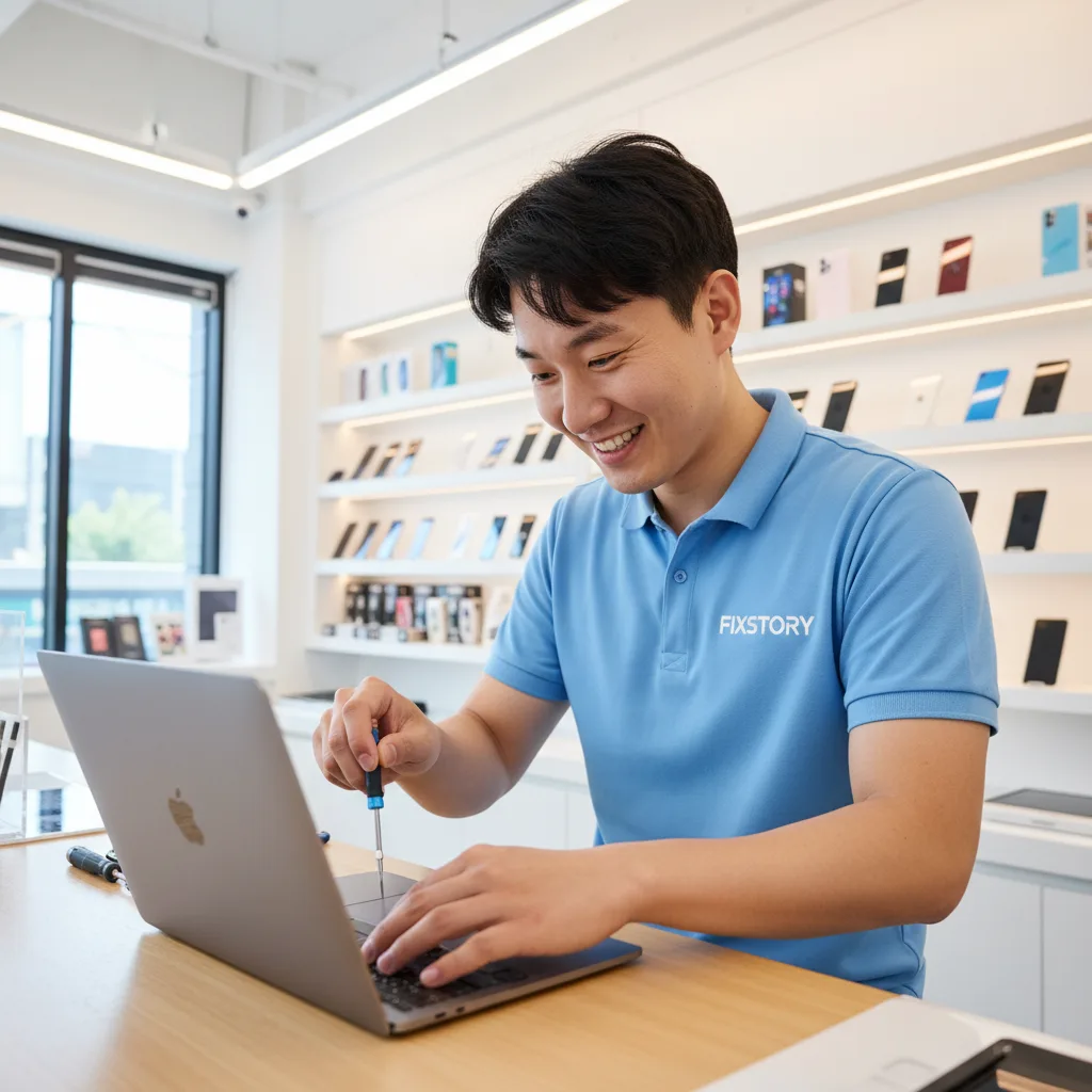 Close-up of a FIXSTORY technician's hands carefully opening the back of a MacBook.