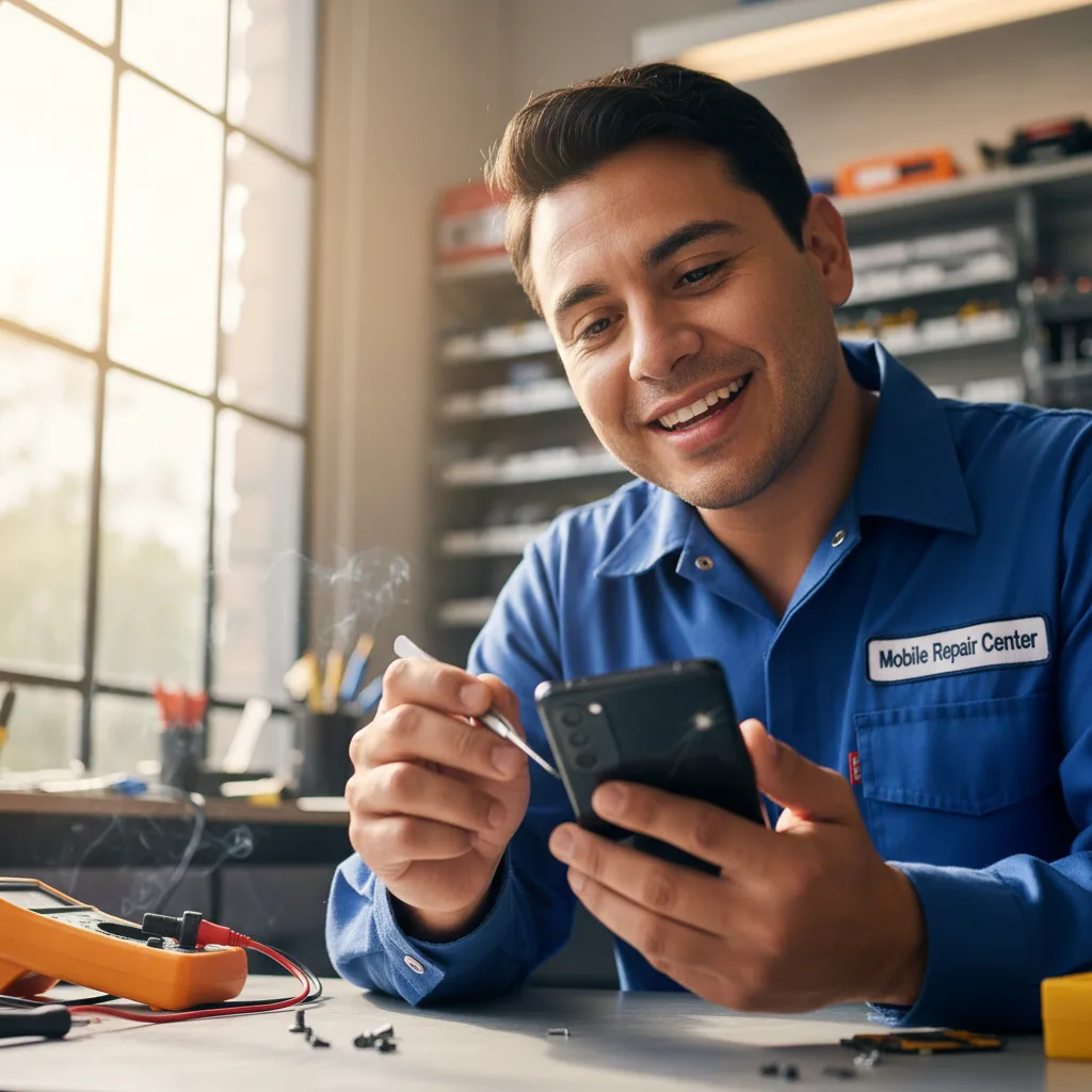 [Samsung Galaxy phone with a small, single hairline crack in the corner, but the screen is otherwise working perfectly]