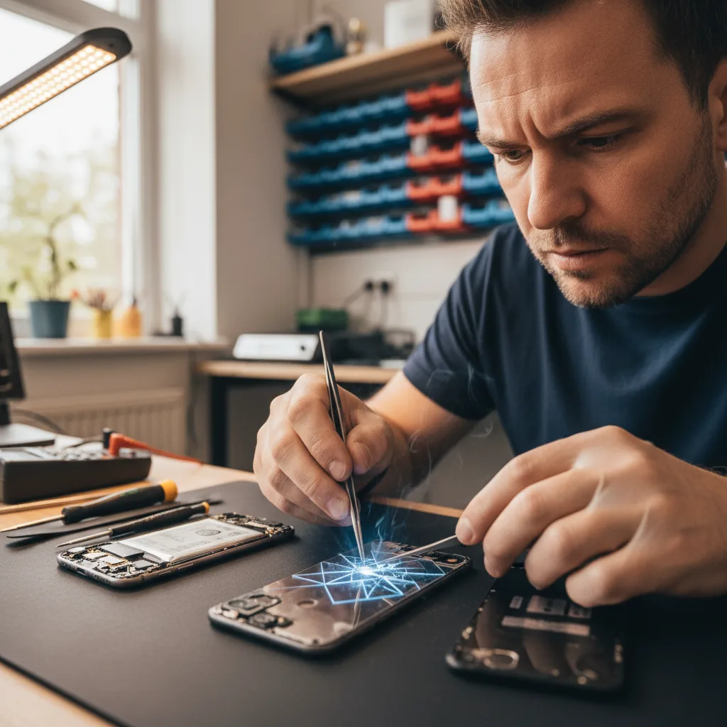 close-up shot of a laser machine beam meticulously tracing patterns across a shattered iPhone 17 back glass to burn away adhesive