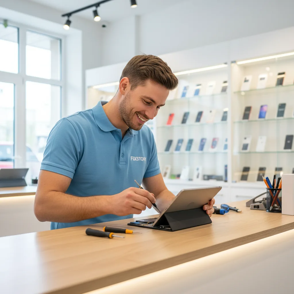 FIXSTORY technician at a well-lit workbench, carefully diagnosing a customer's iPad with specialized tools.