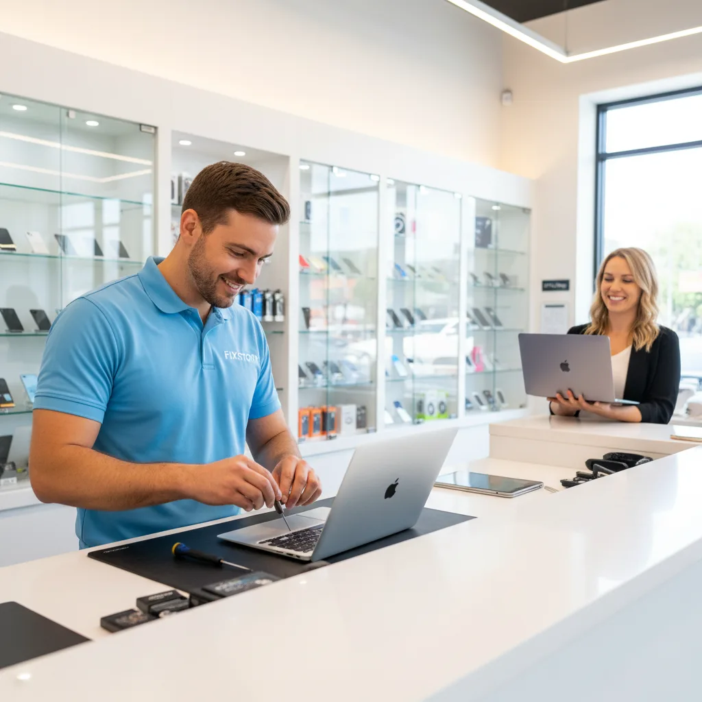 A happy customer receiving their repaired MacBook from a FIXSTORY technician over the counter in the DTLA shop