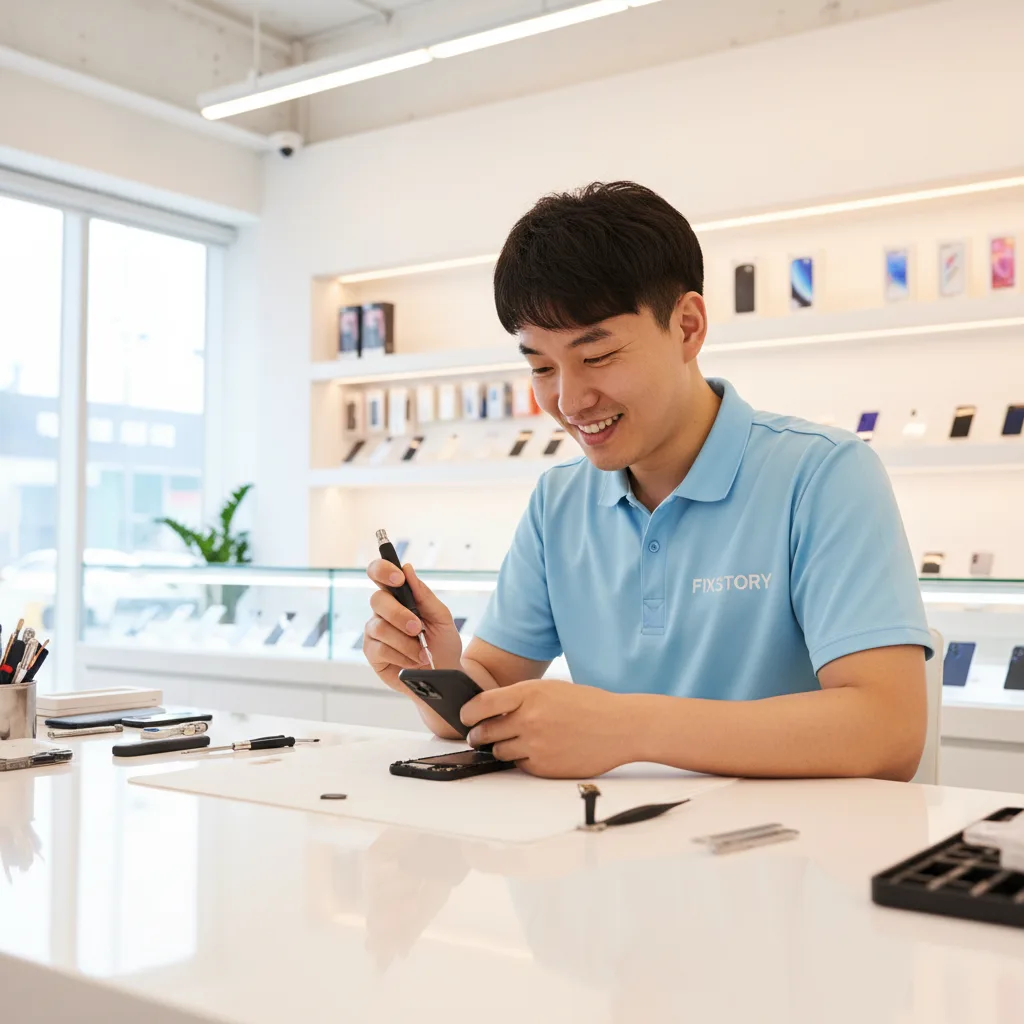 A technician's hands carefully opening the back of a smartphone with specialized tools at a clean workbench