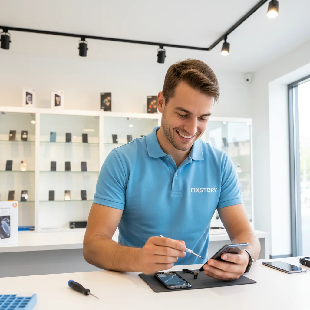 A friendly FIXSTORY technician examining a cracked Samsung Galaxy phone at the DTLA repair counter.