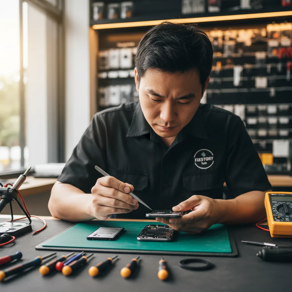 technician applying precision adhesive seals to a Samsung phone after battery replacement to maintain water resistance