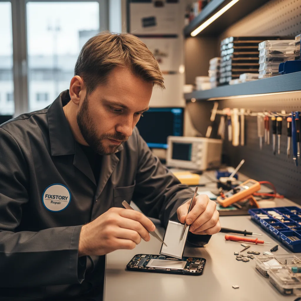 engineer installing a brand new certified battery into a high-end mobile device in a clean lab environment