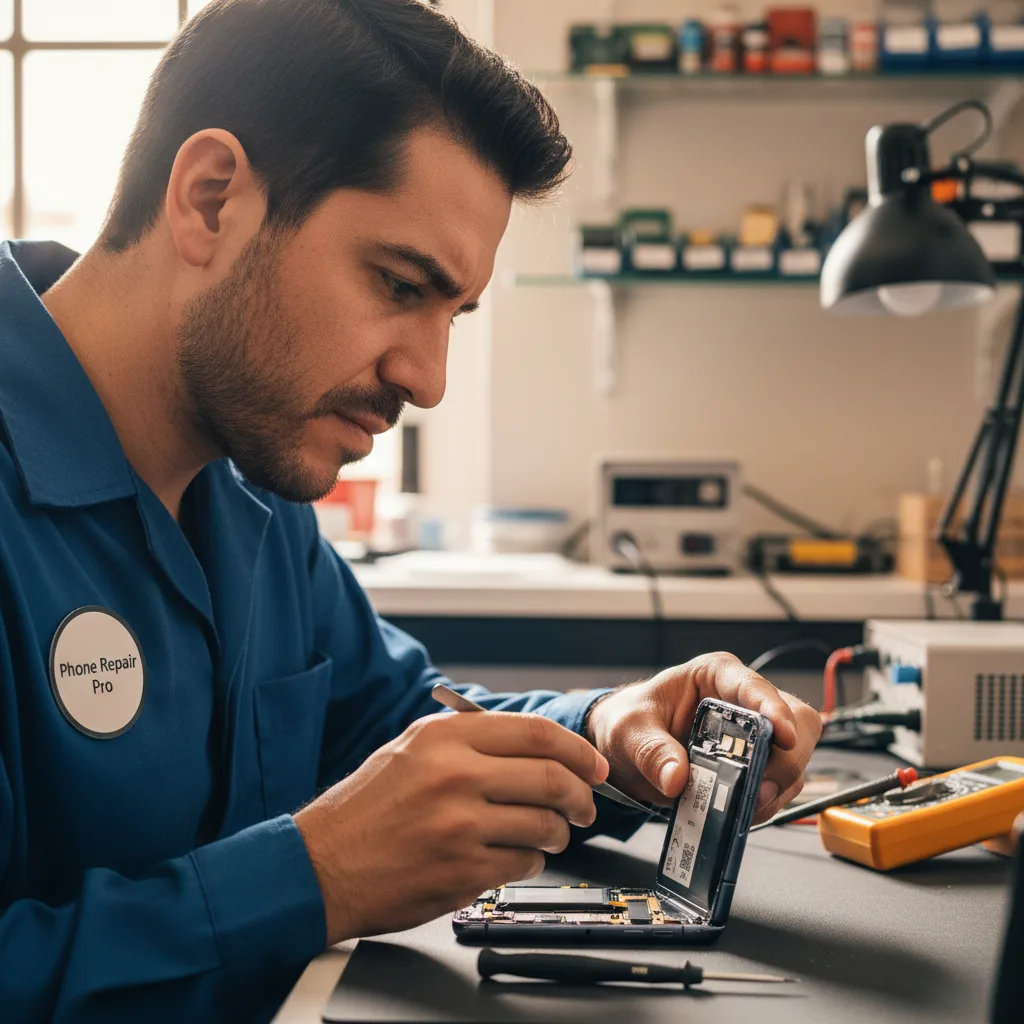 A close-up shot of a technician's hands placing a new battery into a Samsung Galaxy Z Flip phone