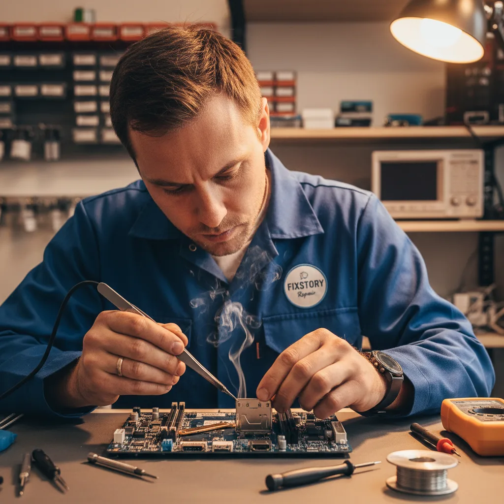 Close-up shot of a new PS5 HDMI port being soldered onto the motherboard by a technician