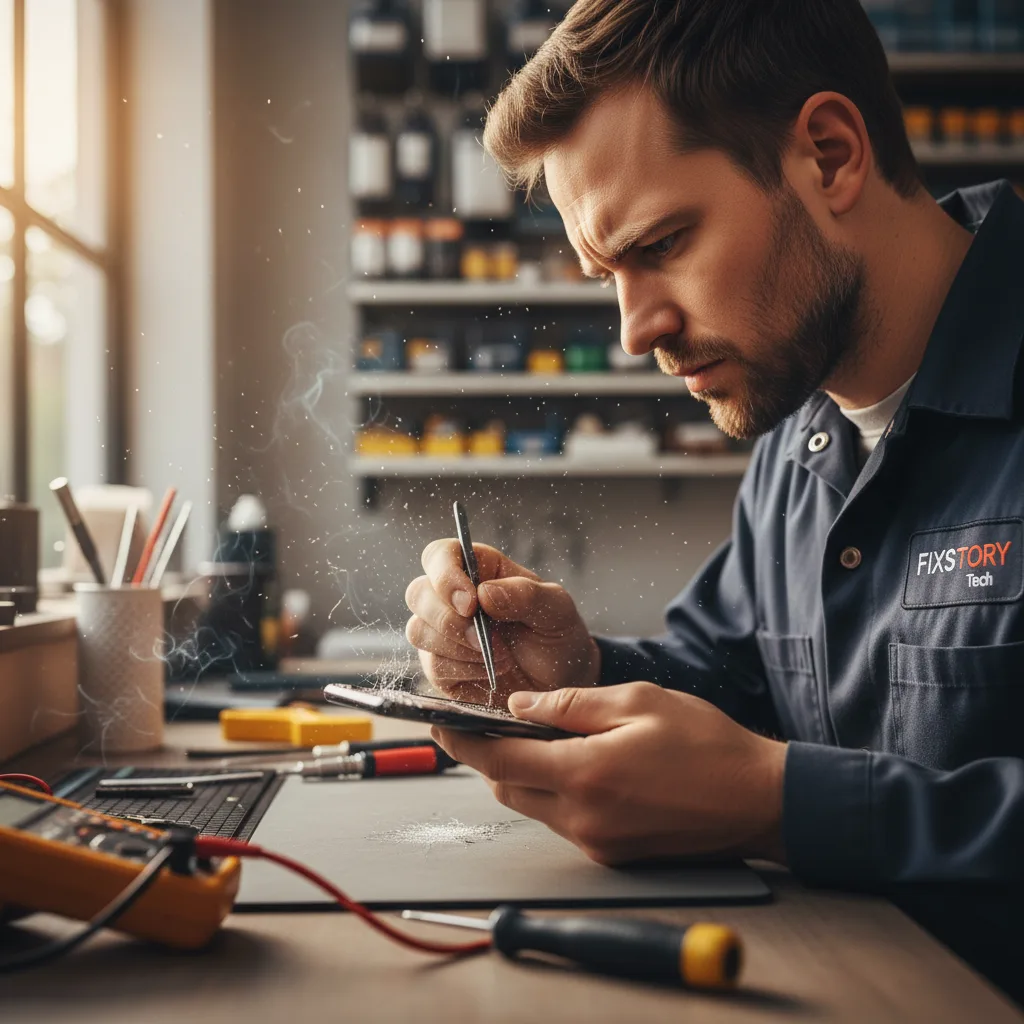 A close-up shot showing dust and moisture particles near an iPhone's cracked back panel, highlighting the risk of internal damage.
