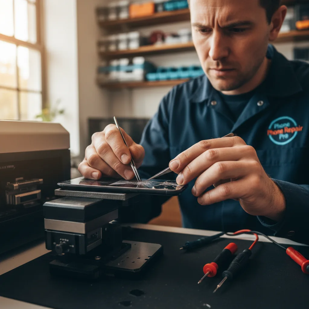 A specialized laser machine is precisely etching away the adhesive under the broken iPhone back glass in a professional repair setting.