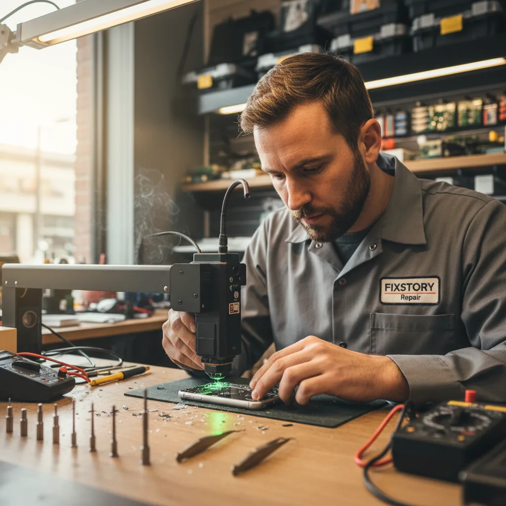 A technician in a DTLA repair shop carefully using a laser machine to separate the broken back glass from an iPhone frame