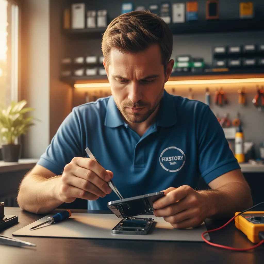 Close-up of a technician's hands fitting a new, perfect back glass panel onto an iPhone 16.