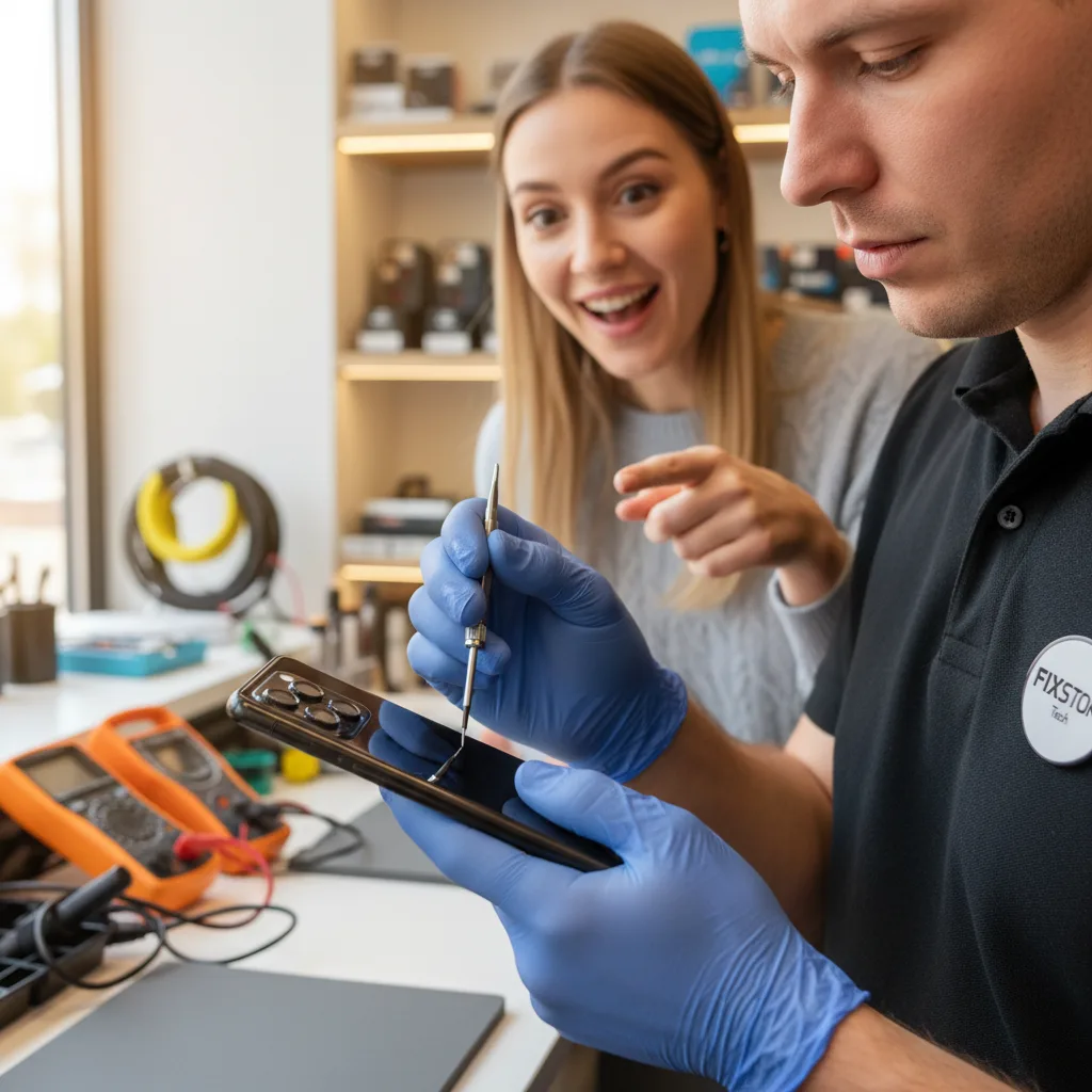 A happy customer in Los Angeles inspecting their perfectly repaired iPhone 16 with a flawless new back glass.