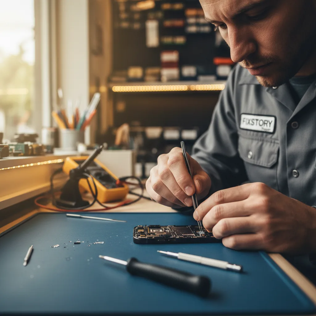 Technician in a DTLA repair shop carefully using precision tools to remove broken glass shards from an iPhone camera module