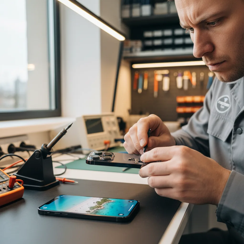 A fully repaired iPhone 15 with a flawless new camera glass, shown next to a vibrant, sharp photo taken by the phone