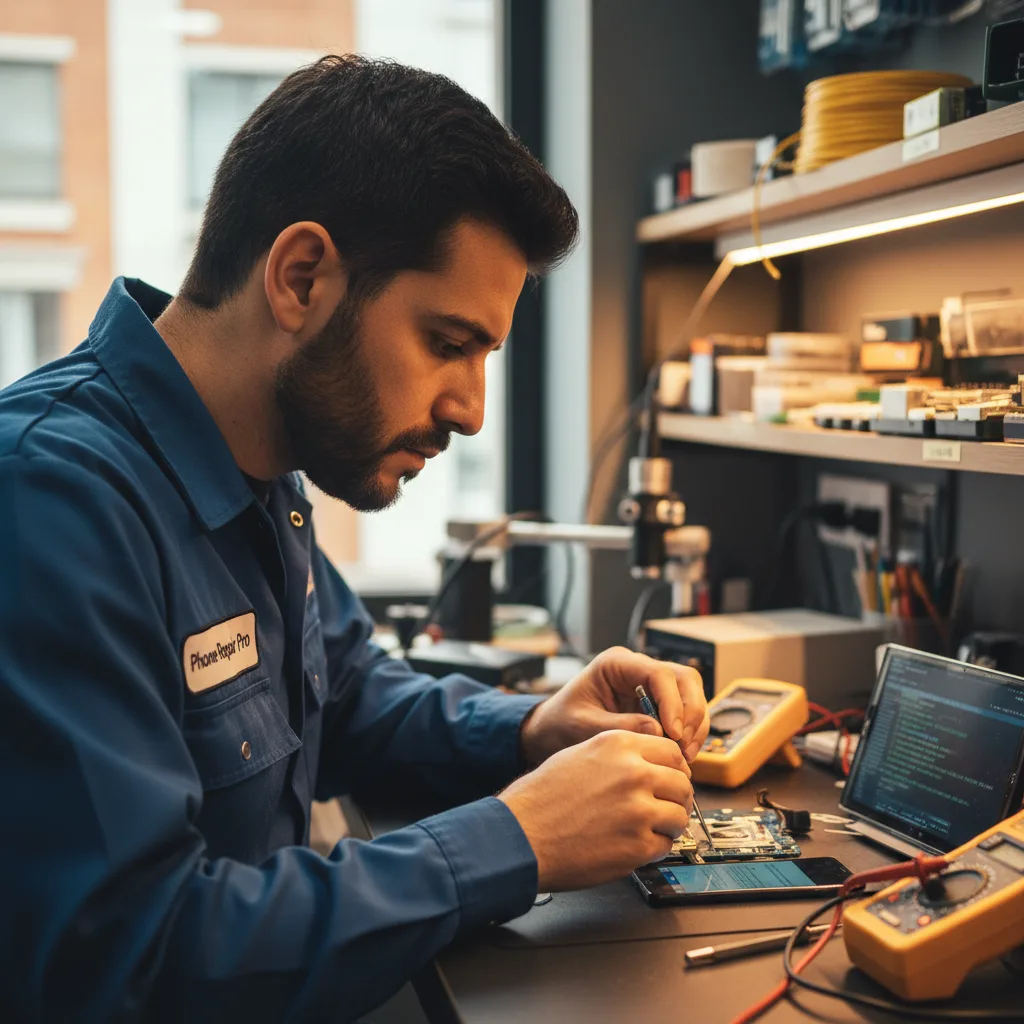 technician running diagnostics on a Samsung phone after a battery replacement service
