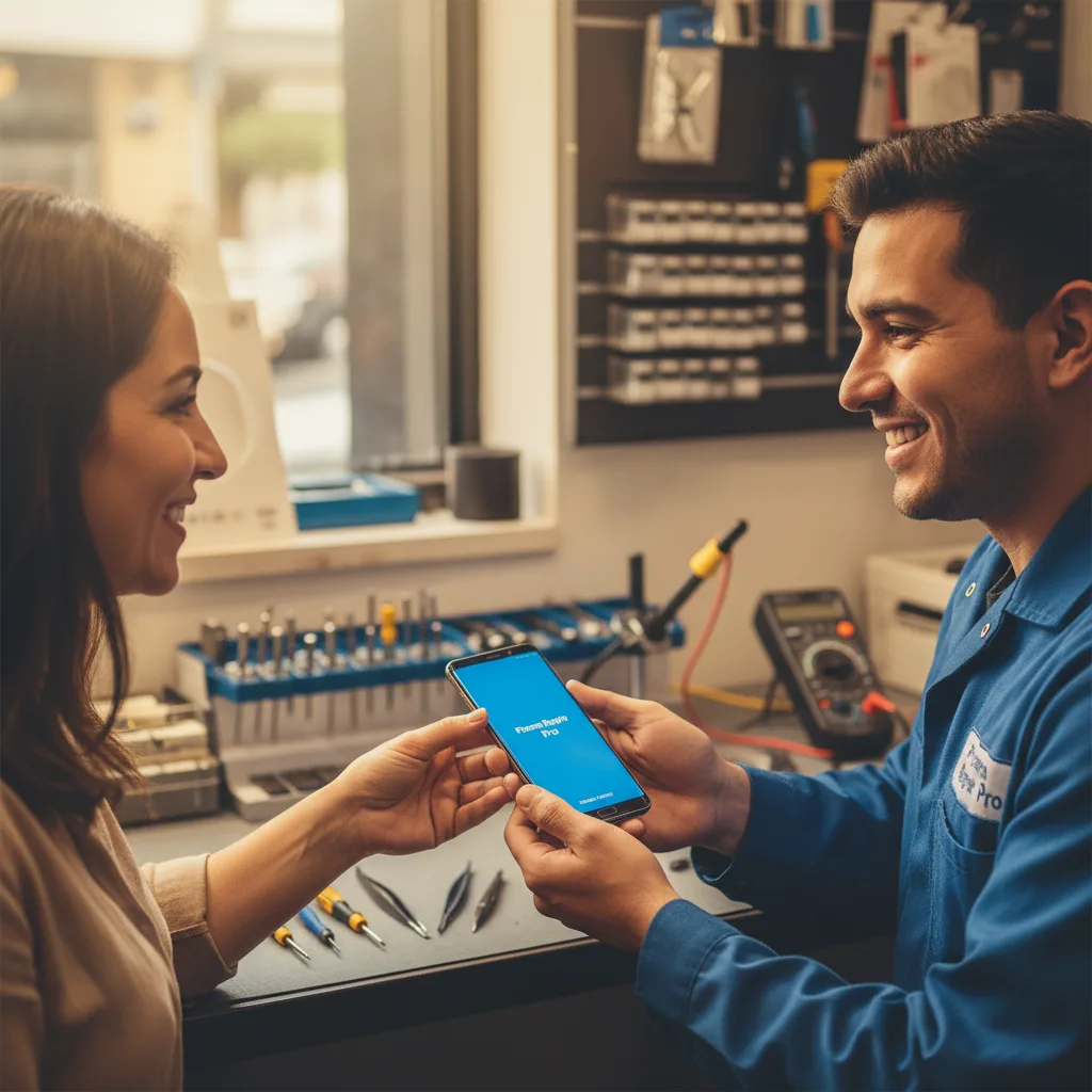 friendly repair technician handing a repaired Samsung Galaxy phone back to a happy customer